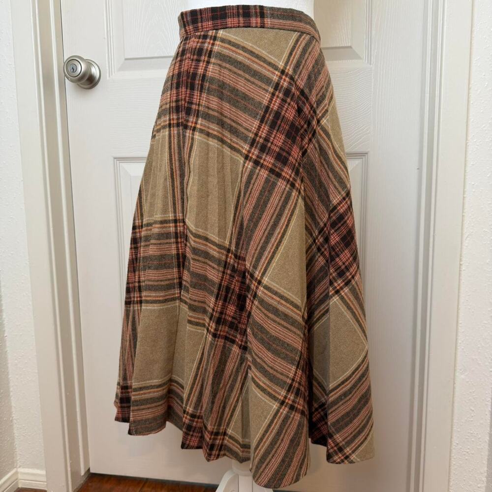 VTG Pleated Brown Plaid Wool Blend Midi Skirt Sz S M Boston Traveler Made in USA